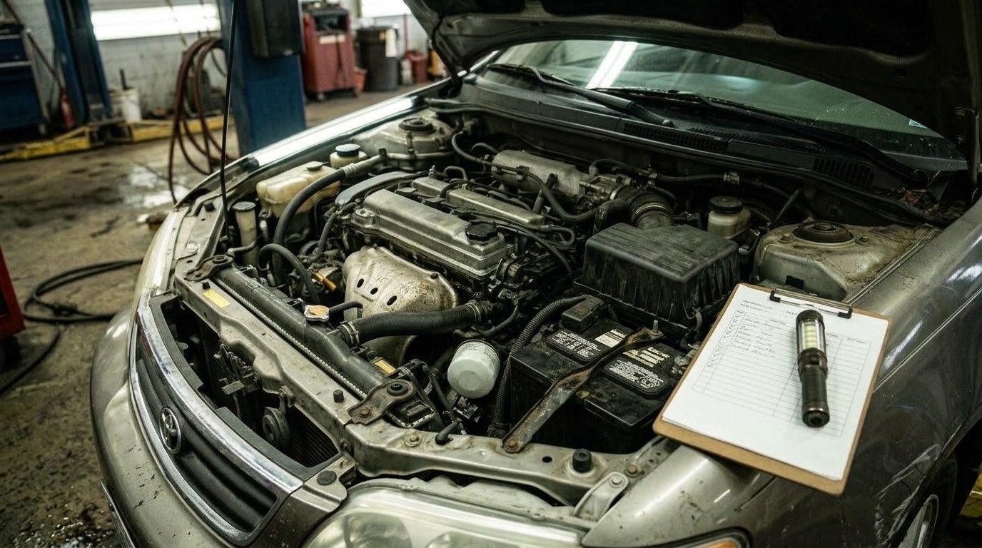 The same engine bay checked: dry filter, cap in place, a ticked checklist on the fender