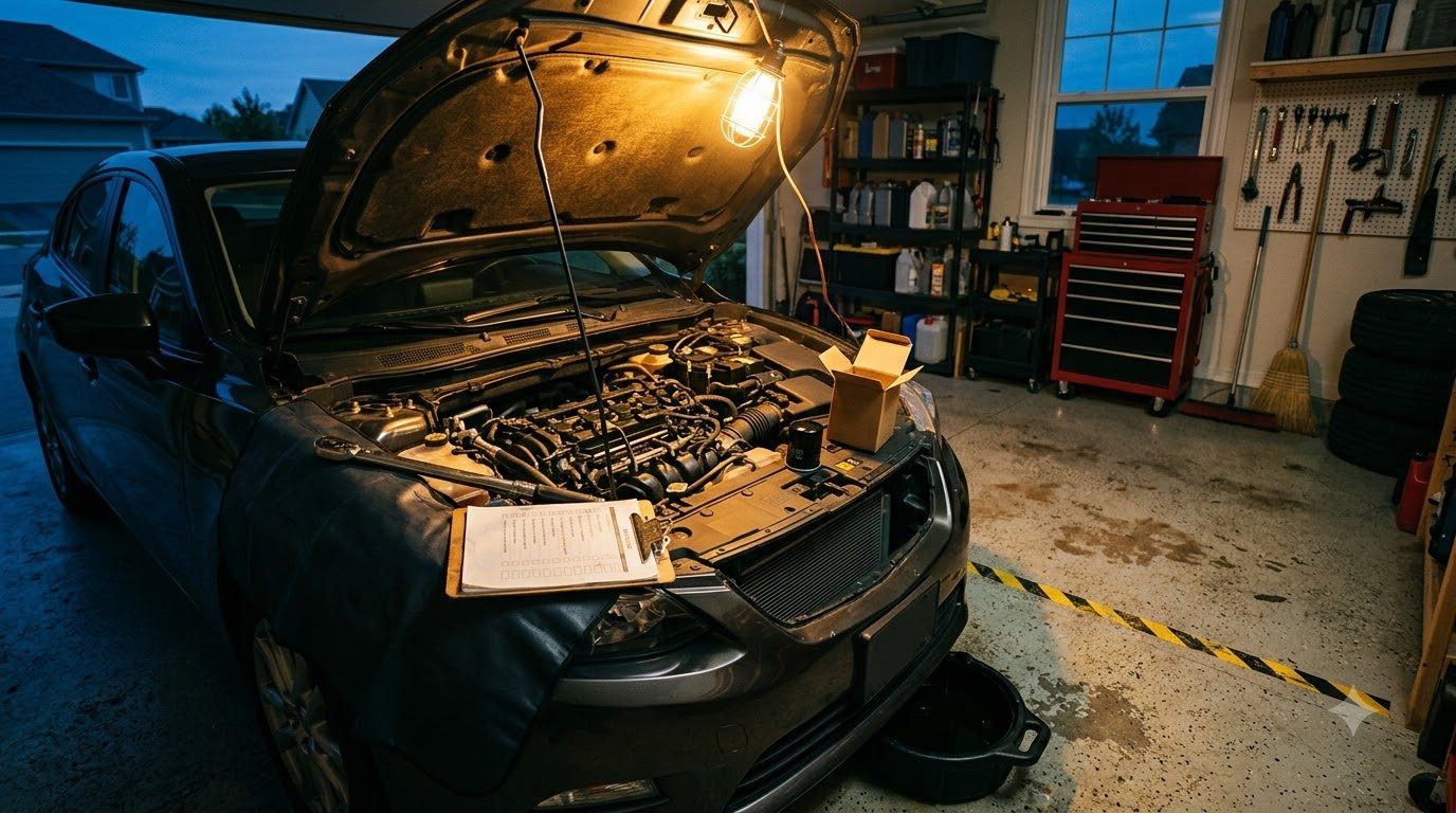 A home garage with an open car hood, a new oil filter, a torque wrench and a printed checklist on the fender